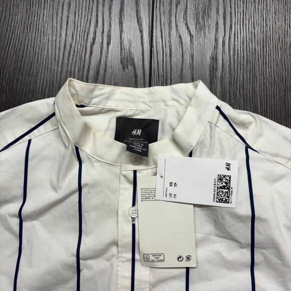 H&M Muscle Fit Striped Button Shirt White Collarless New NWT - Picture 2 of 8